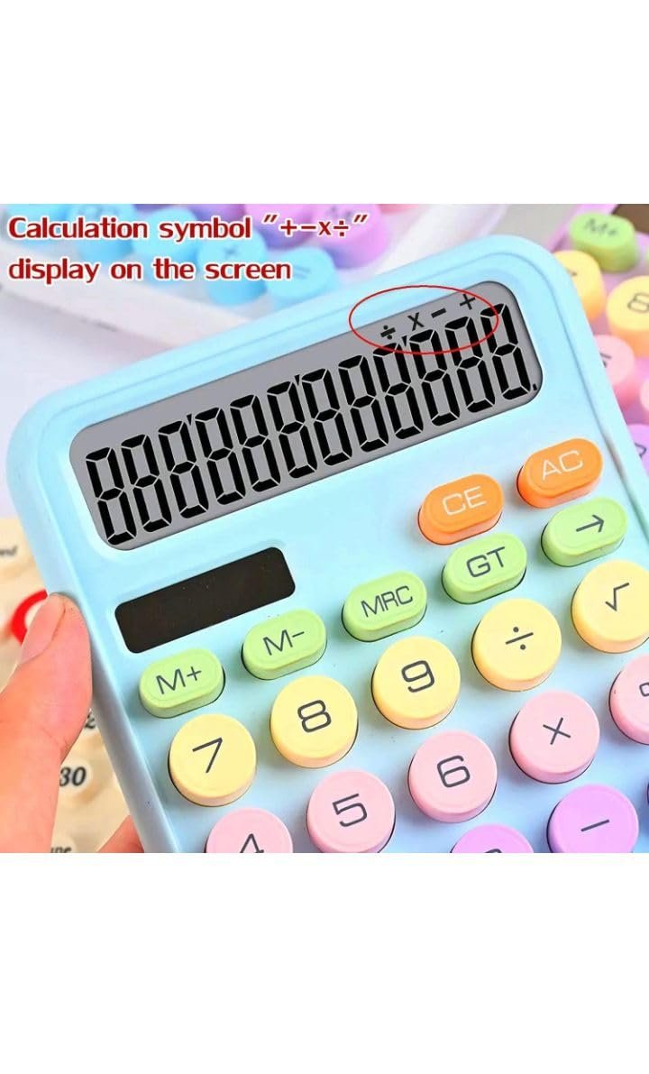Cute Pastel Calculator with Colorful Buttons, 12-Digit Display, Desktop Calculator, Blue,