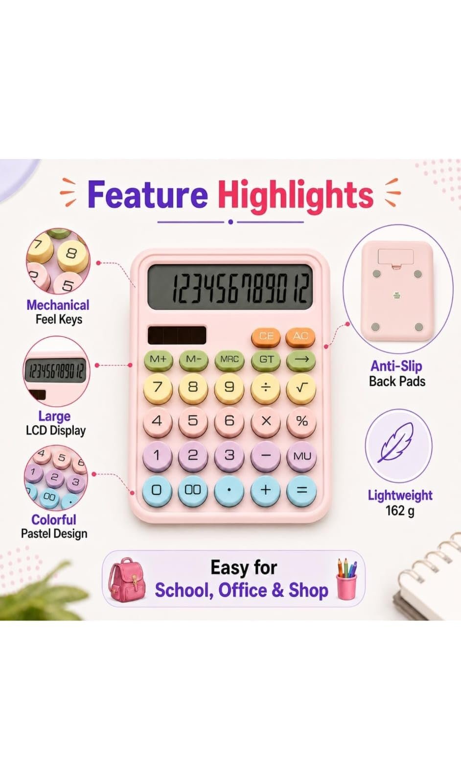 12 Digit Desktop Calculator with Large LCD Display, Big Easy-Press Buttons, Electronic Calculator for Office, School, Home & Business (Pink)