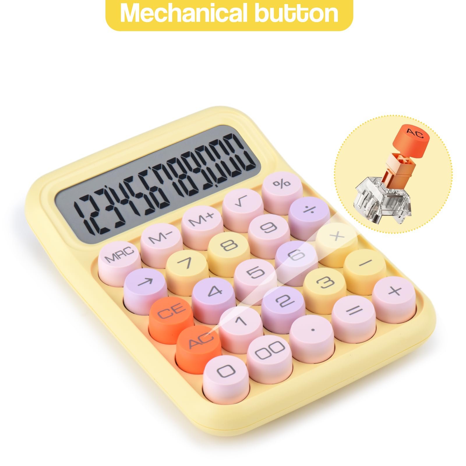 Mechanical Pushbutton Calculator,12 Digit Large LCD Display,Big Buttons Easy to Press,Colorful Candy Calculator,Automatic Sleep,with Battery.for Office,School, Home. (Yellow)