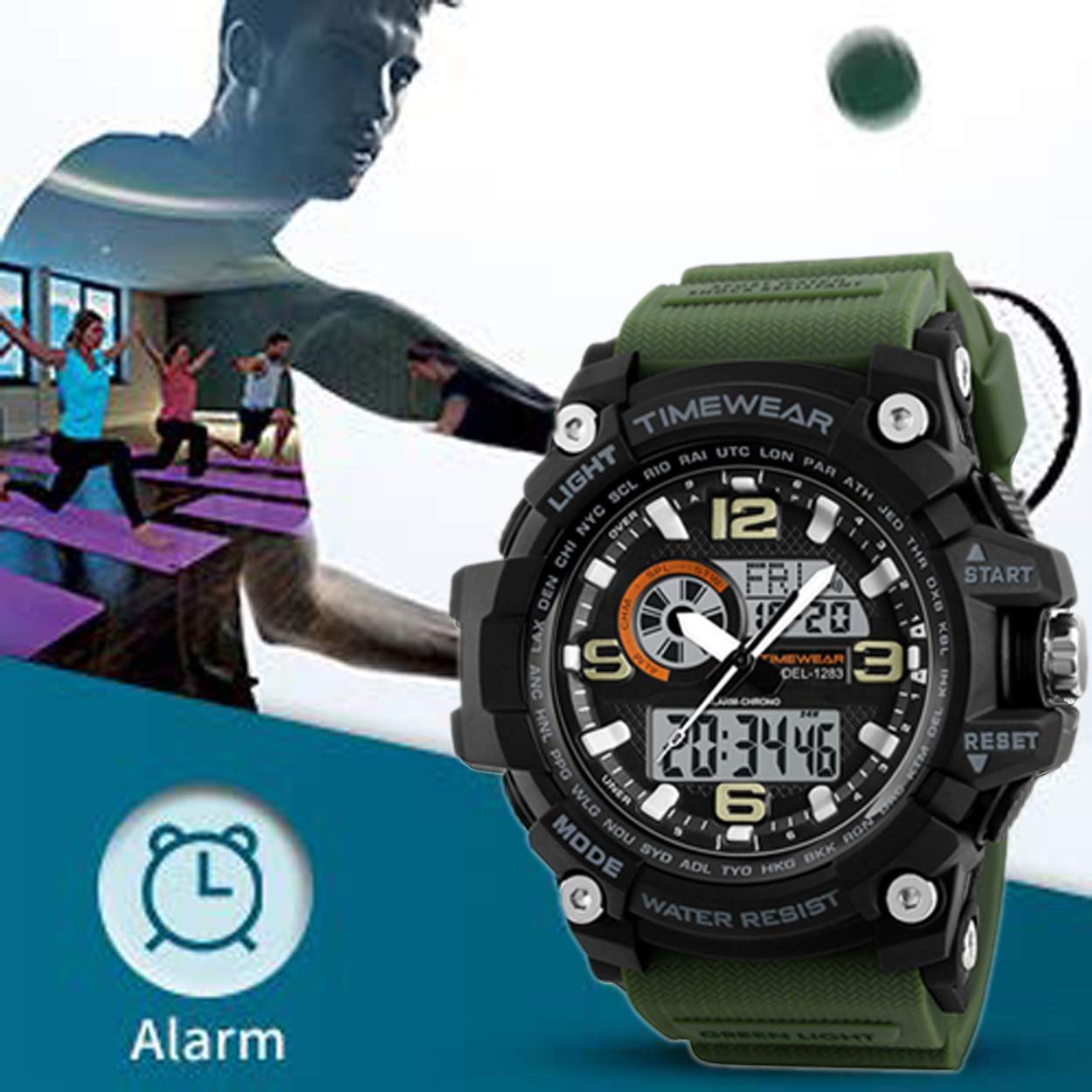 Sports Green Silicone Strap, Black Dial, Dualtime, Automatic Calendar, Alarm, Stopwatch, Analog-Digital Watch for Men