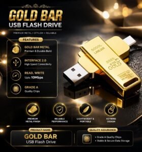 32gb Gold Bar Design USB Flash Drive, Dual OTG Pen Drive with USB 2.0 and Type-C, 15 Mbps Speed, Antique Designer Model for Mobile and Laptop