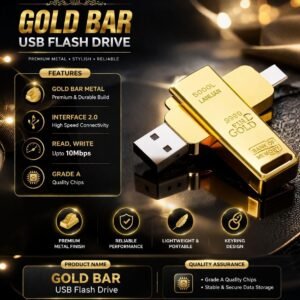 32gb Gold Bar Design USB Flash Drive, Dual OTG Pen Drive with USB 2.0 and Type-C, 15 Mbps Speed, Antique Designer Model for Mobile and Laptop