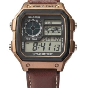 Digital World Time Watch with Brown Leather Strap, Bronze Tone, Water Resistant, 5 Alarms, Retro Square Dial, World Map Display for Boys and man for Birthday Gift