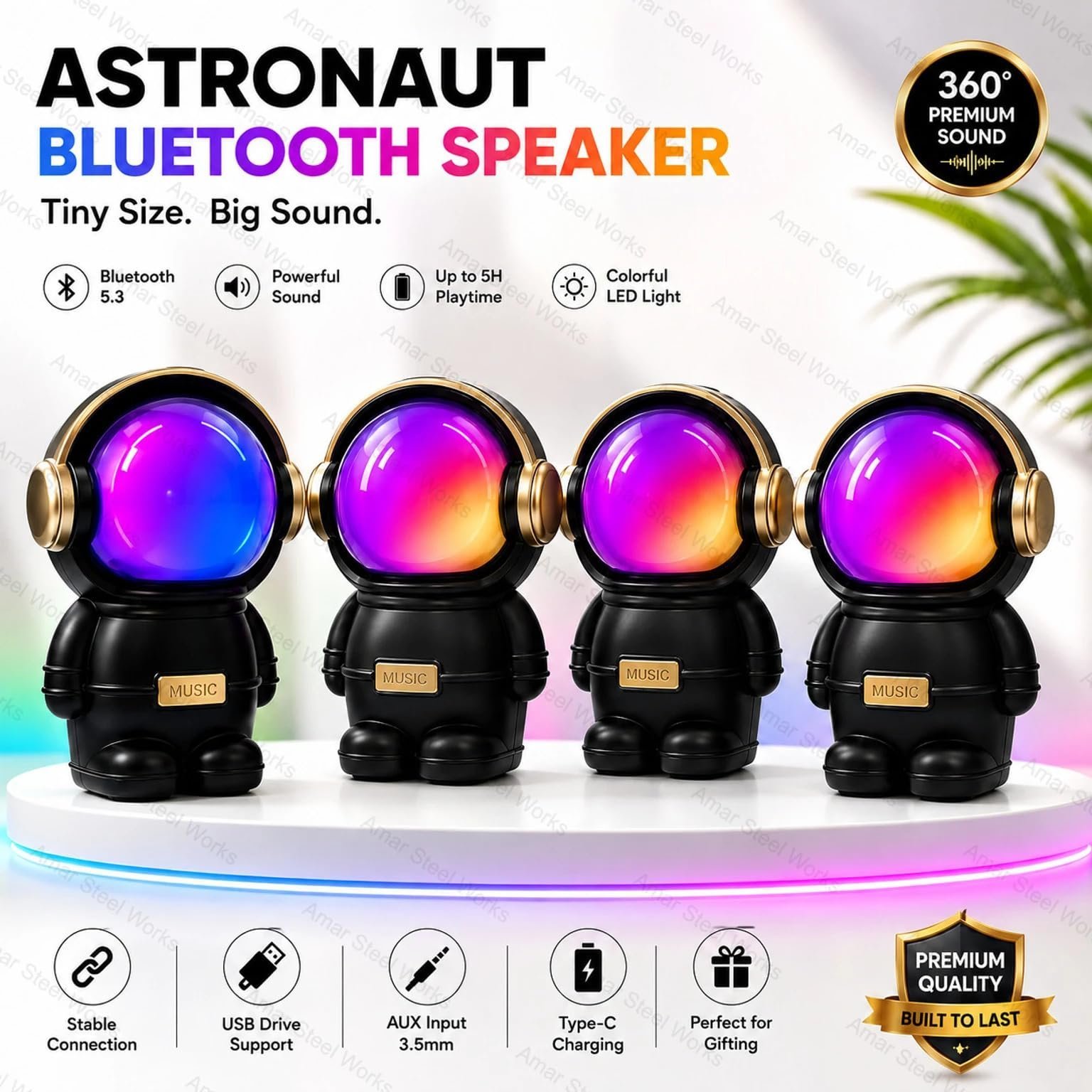 Astronaut Bluetooth Speaker with RGB Lights, Rechargeable Battery & Powerful Sound | Portable Wireless Music Speaker with Deep Bass | USB Charging | Speaker for Home, Party & Travel