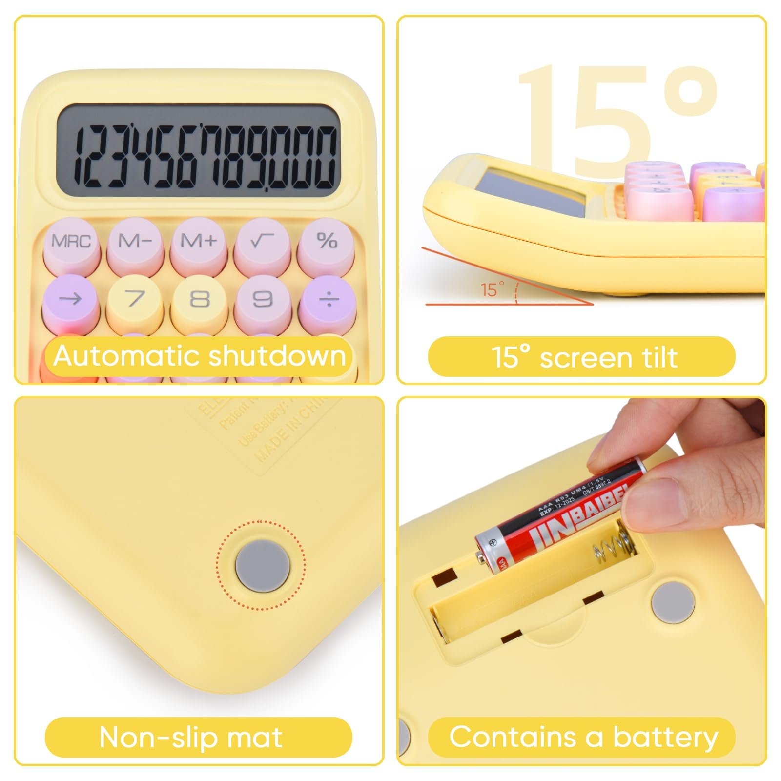 Mechanical Pushbutton Calculator,12 Digit Large LCD Display,Big Buttons Easy to Press,Colorful Candy Calculator,Automatic Sleep,with Battery.for Office,School, Home. (Yellow)