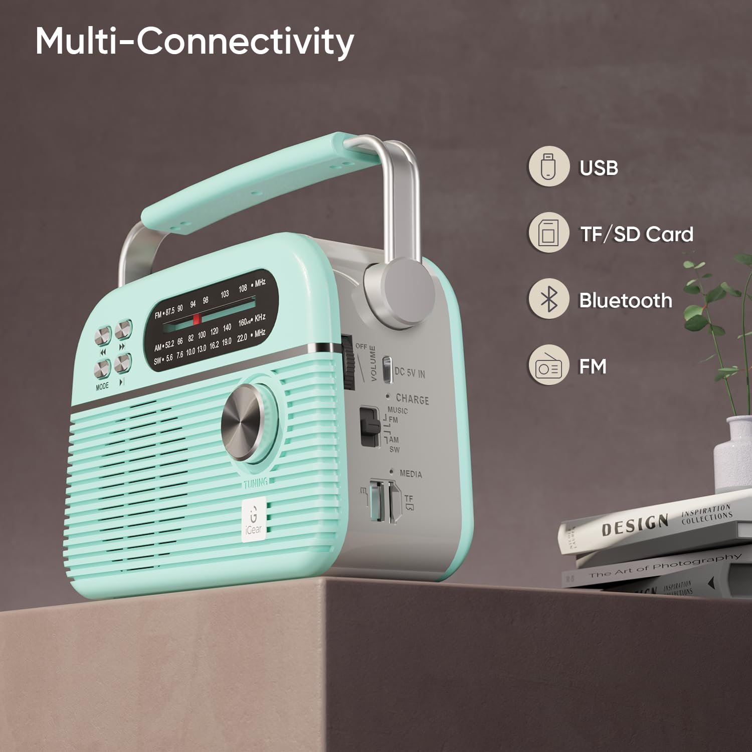 Trinity Solar-Powered MP3 Player & 3-Band Radio with FM/AM/SW, Retro Modern Style, Bluetooth, USB, TF/SD Card, 1200 mAh Rechargeable Battery, Solar Charger, 1 Year Replacement Warranty (Blue)