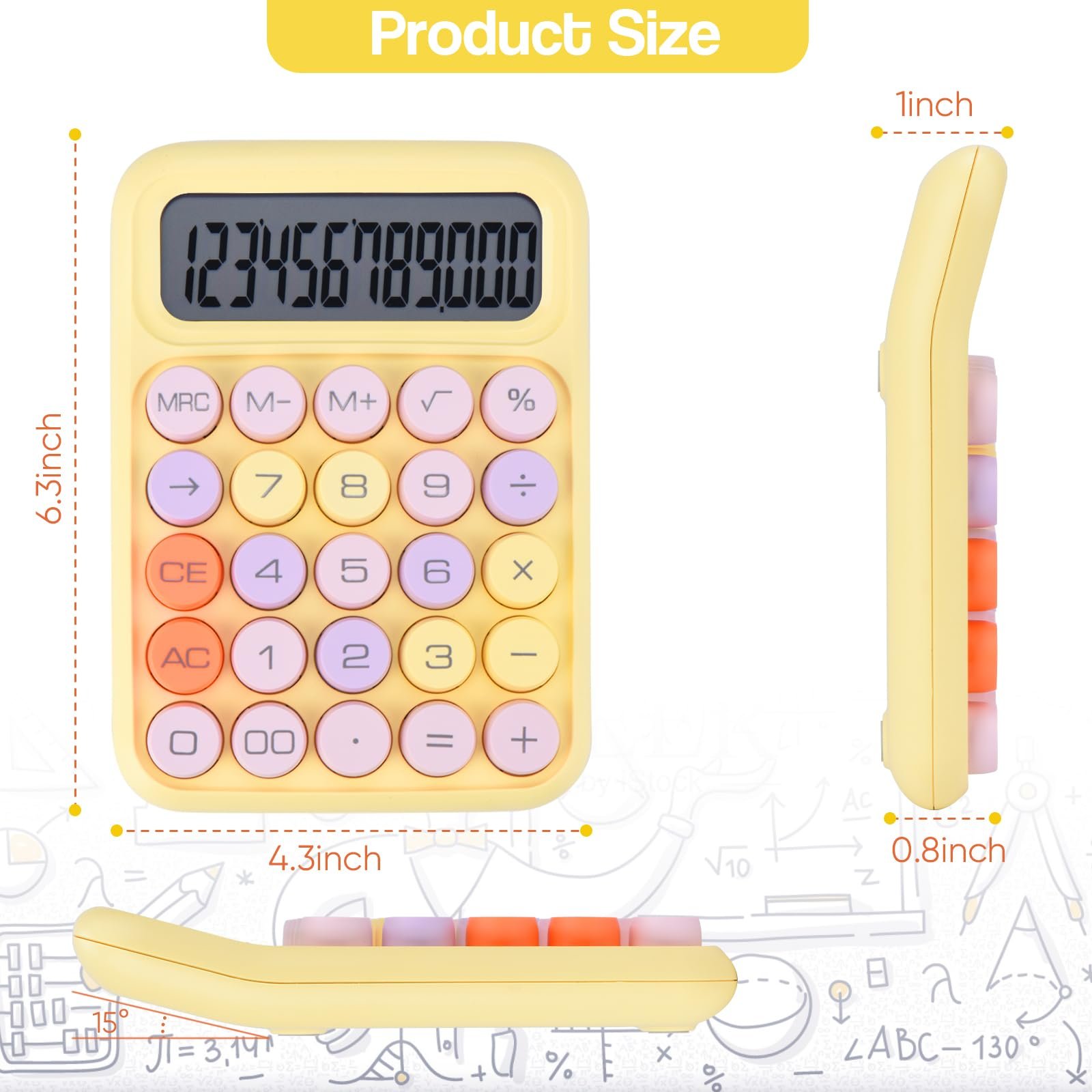 Mechanical Pushbutton Calculator,12 Digit Large LCD Display,Big Buttons Easy to Press,Colorful Candy Calculator,Automatic Sleep,with Battery.for Office,School, Home. (Yellow)
