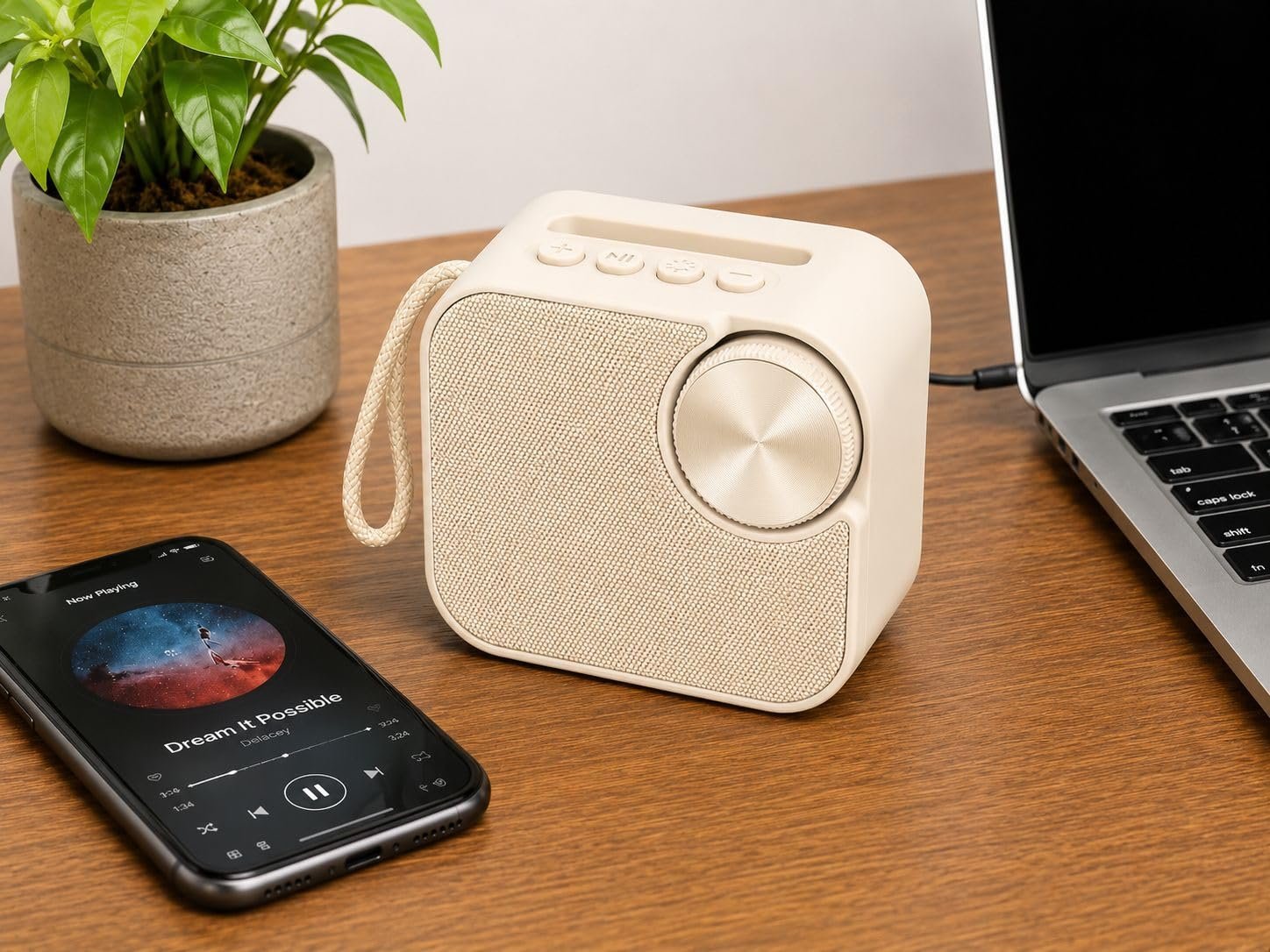 Portable Wireless Bluetooth Speaker, Compact Stereo Speaker with Rotary Volume Control, USB & TF Card Support, Type-C Charging, Rich HD Bass Sound for Home, Office, Outdoor & Travel (Cream)
