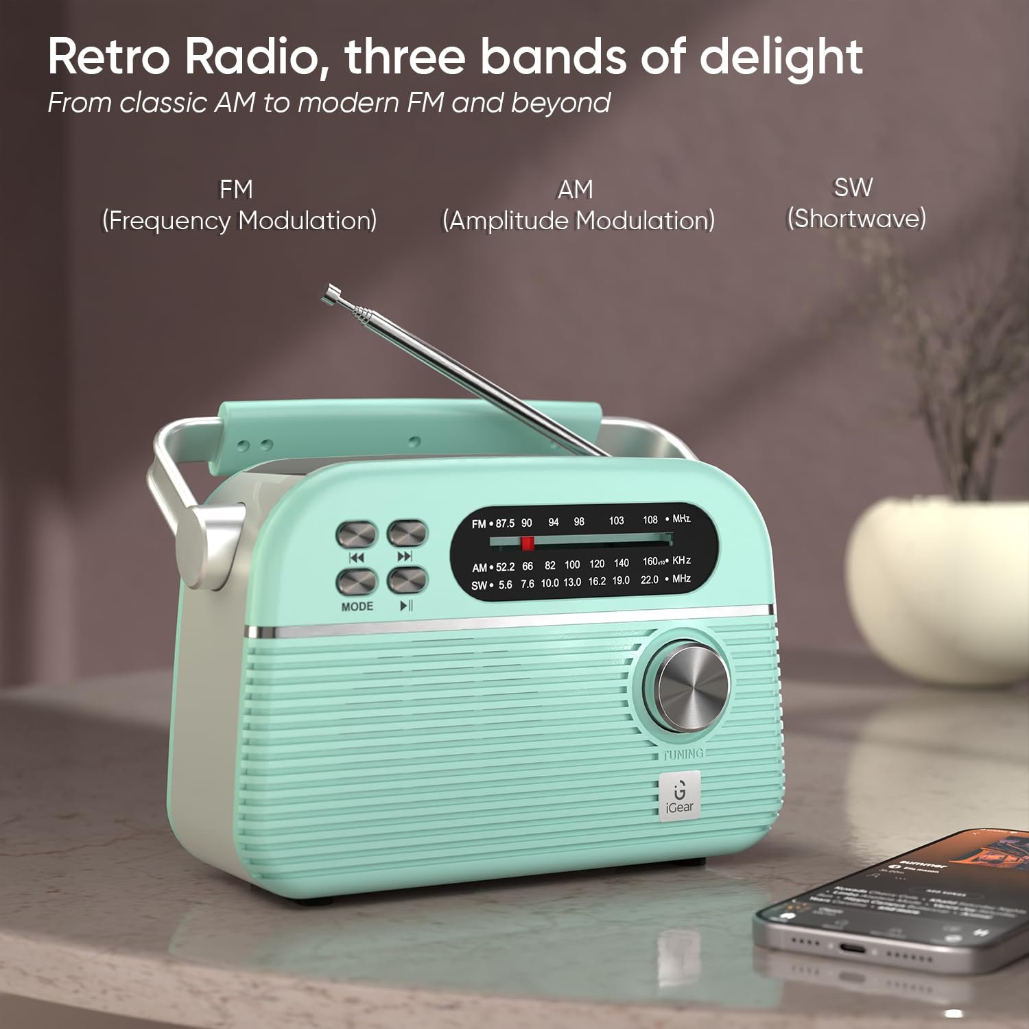 Trinity Solar-Powered MP3 Player & 3-Band Radio with FM/AM/SW, Retro Modern Style, Bluetooth, USB, TF/SD Card, 1200 mAh Rechargeable Battery, Solar Charger, 1 Year Replacement Warranty (Blue)