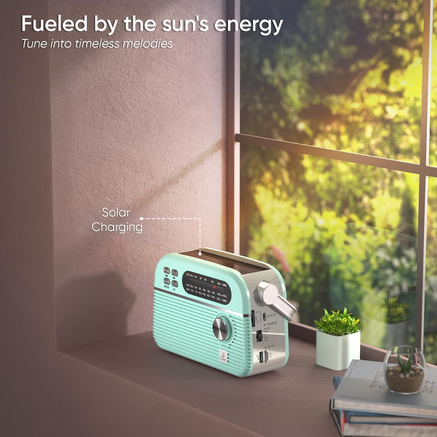 Trinity Solar-Powered MP3 Player & 3-Band Radio with FM/AM/SW, Retro Modern Style, Bluetooth, USB, TF/SD Card, 1200 mAh Rechargeable Battery, Solar Charger, 1 Year Replacement Warranty (Blue)