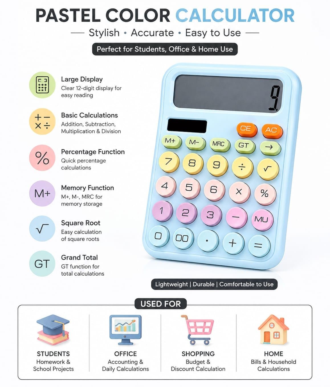 Colourful Candy Calculator 12-Digit, Sky Blue