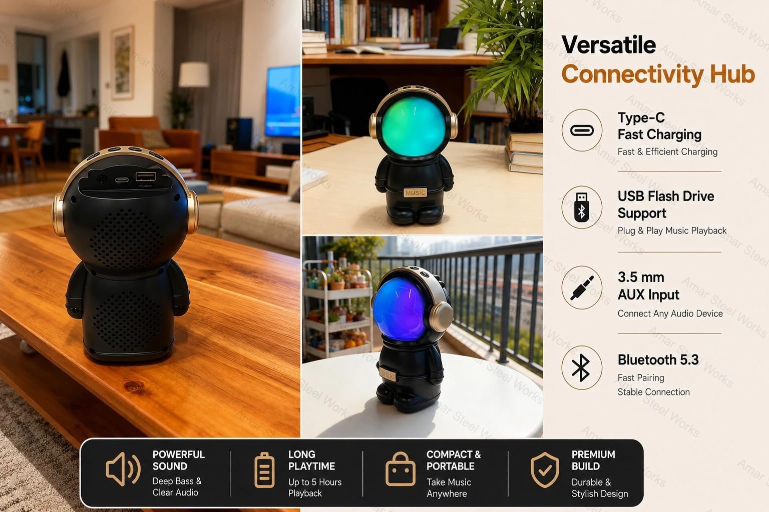 Astronaut Bluetooth Speaker with RGB Lights, Rechargeable Battery & Powerful Sound | Portable Wireless Music Speaker with Deep Bass | USB Charging | Speaker for Home, Party & Travel