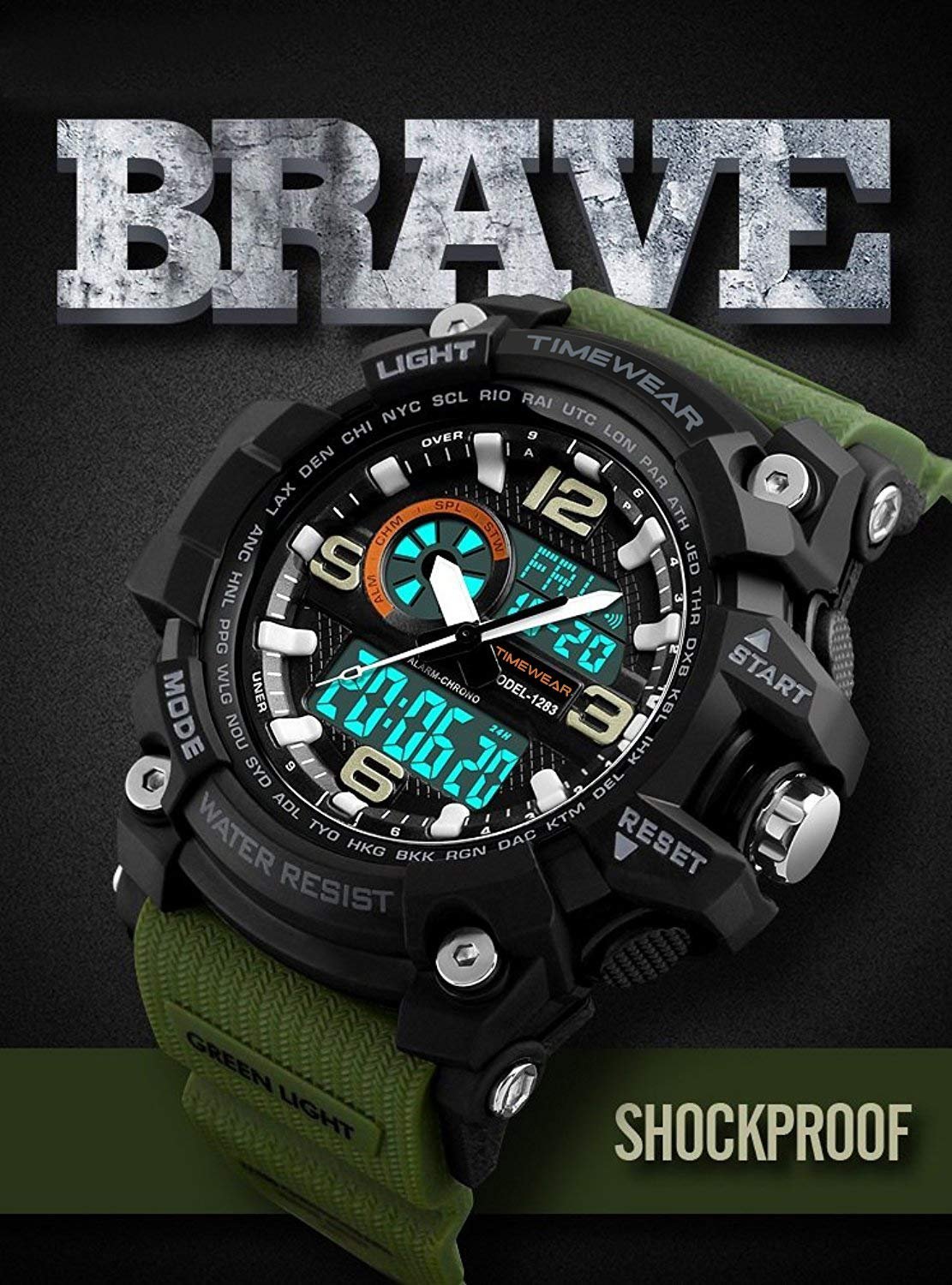 Sports Green Silicone Strap, Black Dial, Dualtime, Automatic Calendar, Alarm, Stopwatch, Analog-Digital Watch for Men