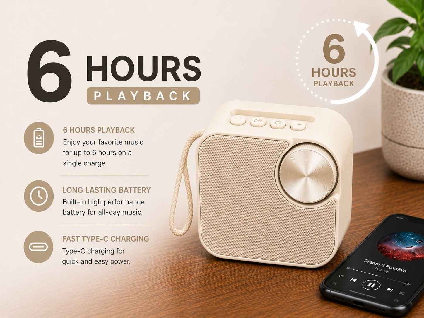 Portable Wireless Bluetooth Speaker, Compact Stereo Speaker with Rotary Volume Control, USB & TF Card Support, Type-C Charging, Rich HD Bass Sound for Home, Office, Outdoor & Travel (Cream)