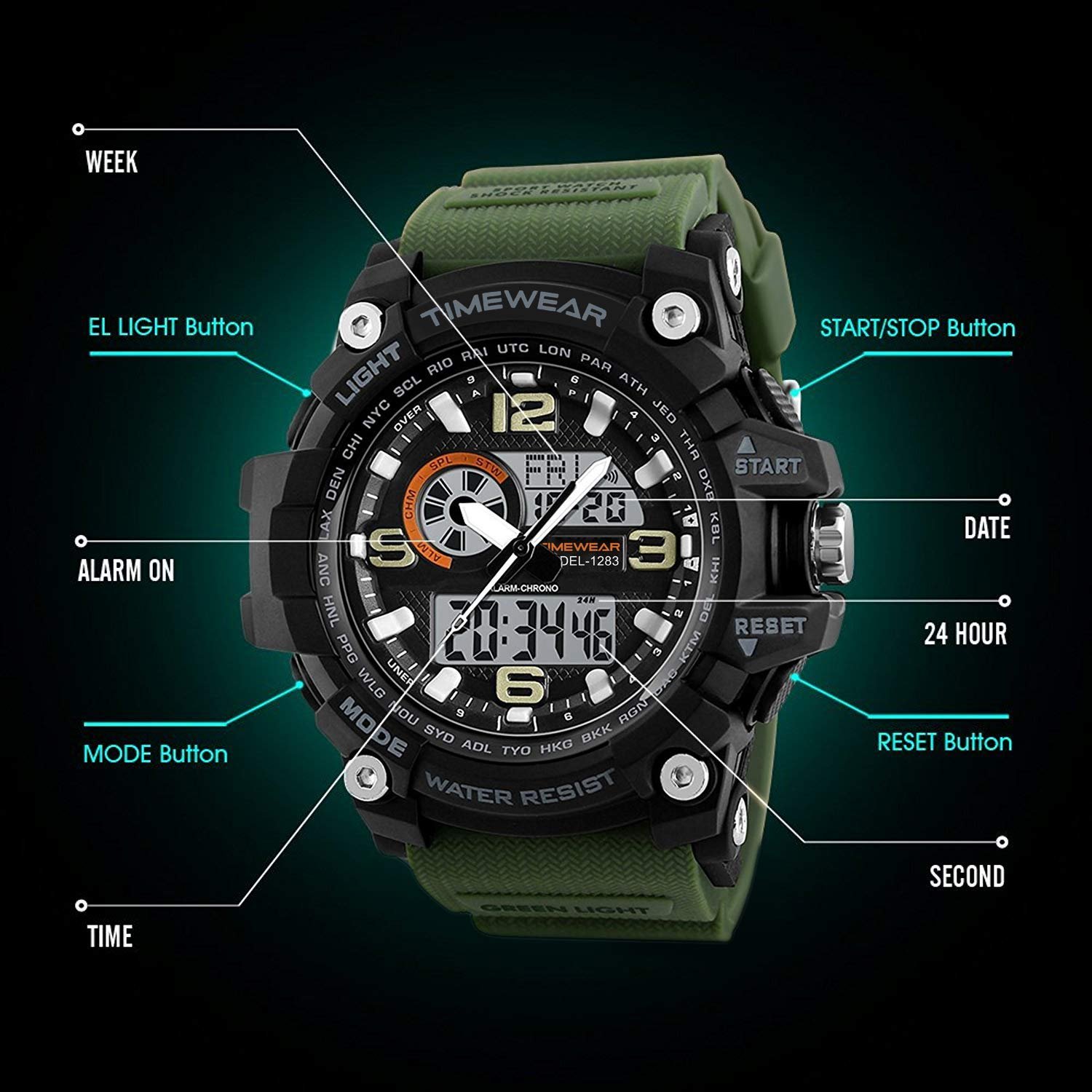 Sports Green Silicone Strap, Black Dial, Dualtime, Automatic Calendar, Alarm, Stopwatch, Analog-Digital Watch for Men