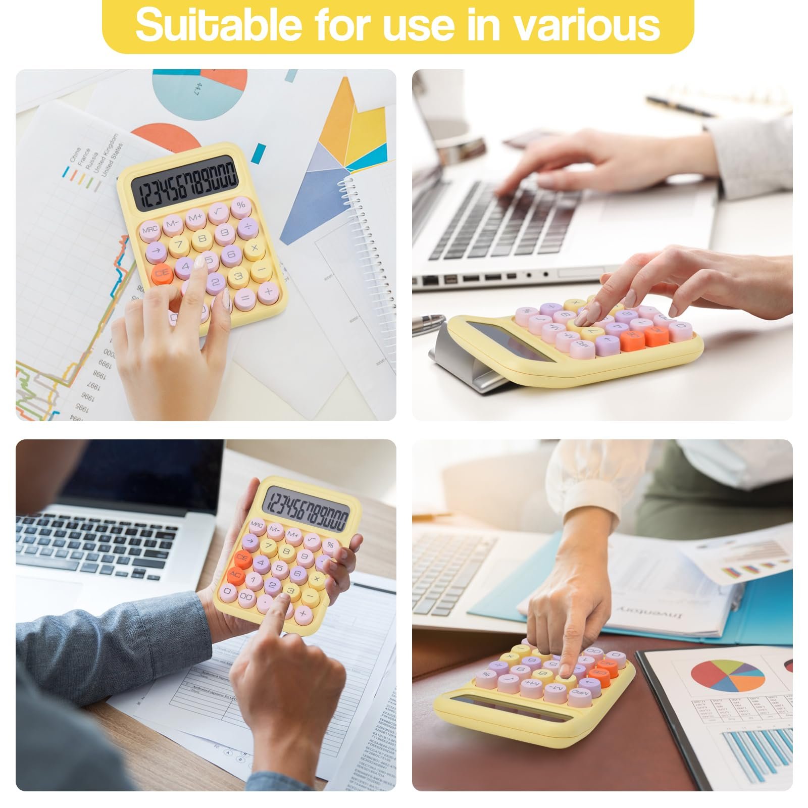 Mechanical Pushbutton Calculator,12 Digit Large LCD Display,Big Buttons Easy to Press,Colorful Candy Calculator,Automatic Sleep,with Battery.for Office,School, Home. (Yellow)