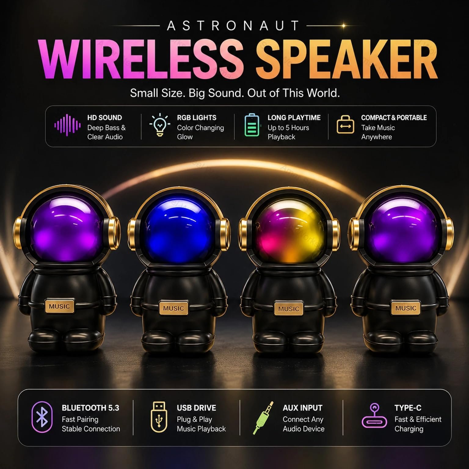 Astronaut Bluetooth Speaker with RGB Lights, Rechargeable Battery & Powerful Sound | Portable Wireless Music Speaker with Deep Bass | USB Charging | Speaker for Home, Party & Travel