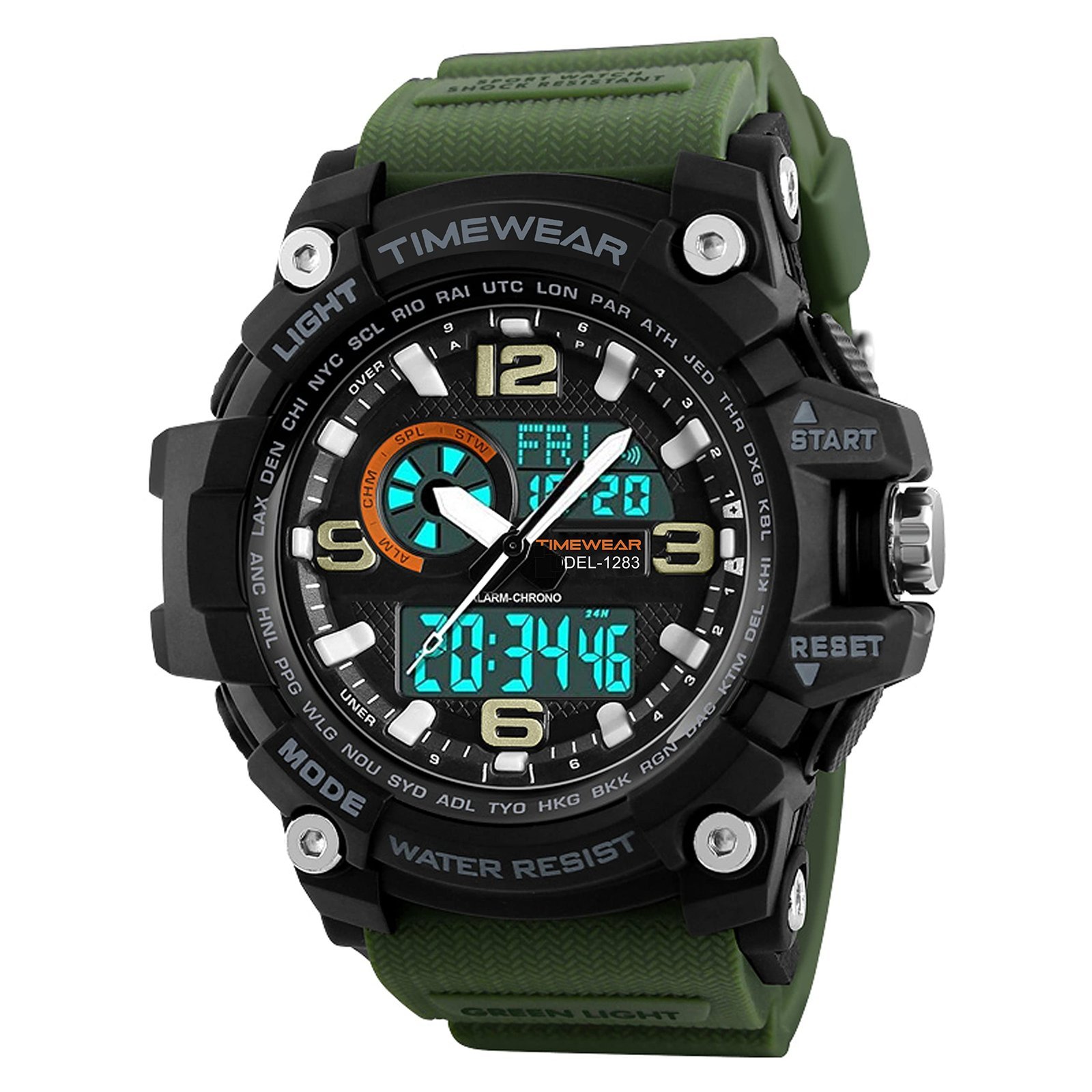 Sports Green Silicone Strap, Black Dial, Dualtime, Automatic Calendar, Alarm, Stopwatch, Analog-Digital Watch for Men